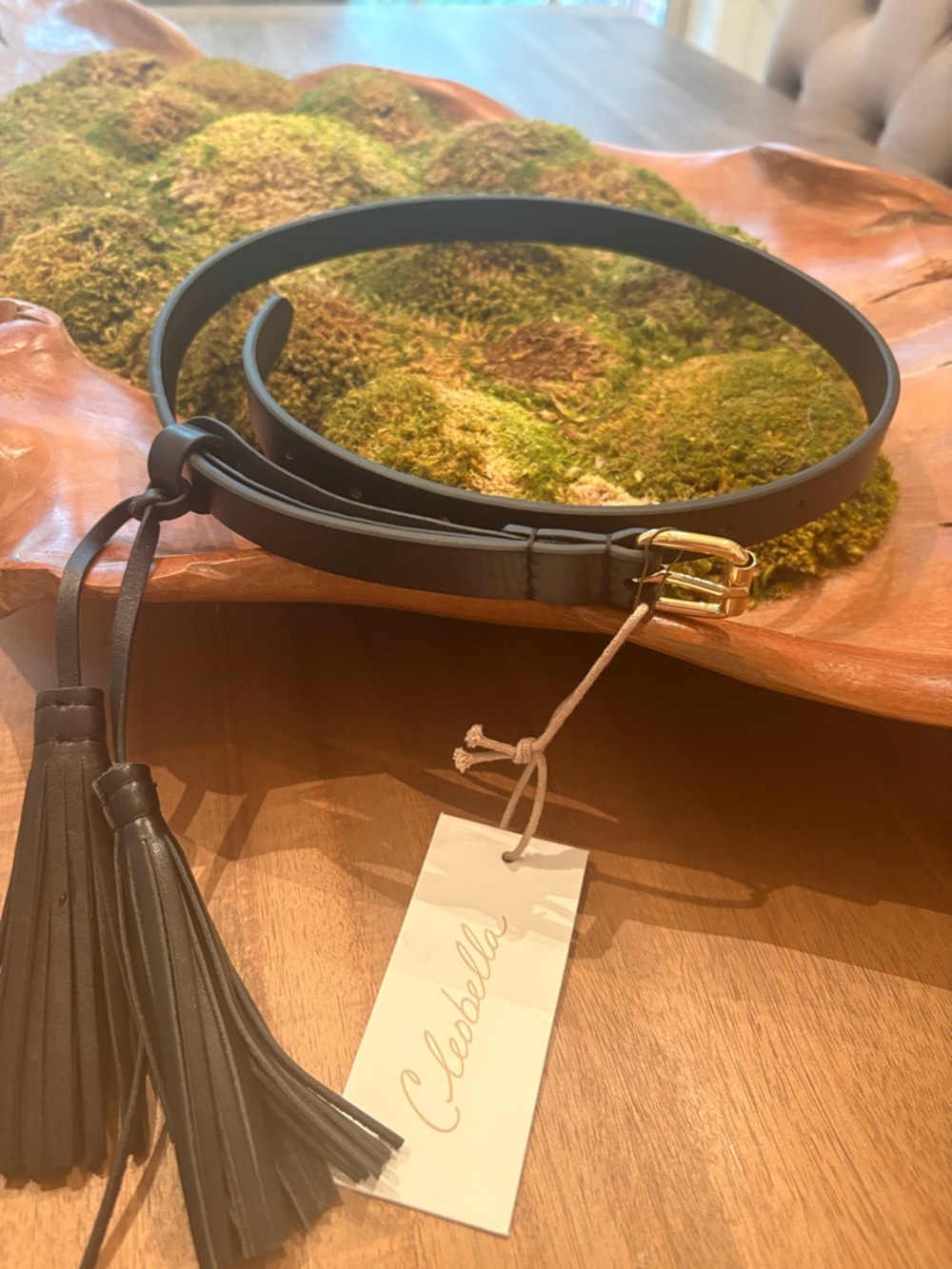 Cleobella Black Leather Waist Belt with Tassels and Gold Buckle